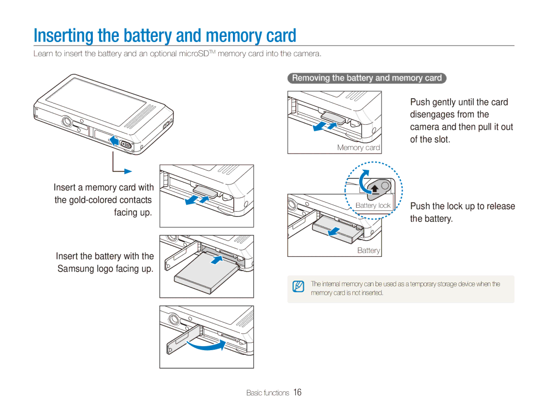 Samsung ECTL220ZBPUUS user manual Inserting the battery and memory card, Battery, Removing the battery and memory card 