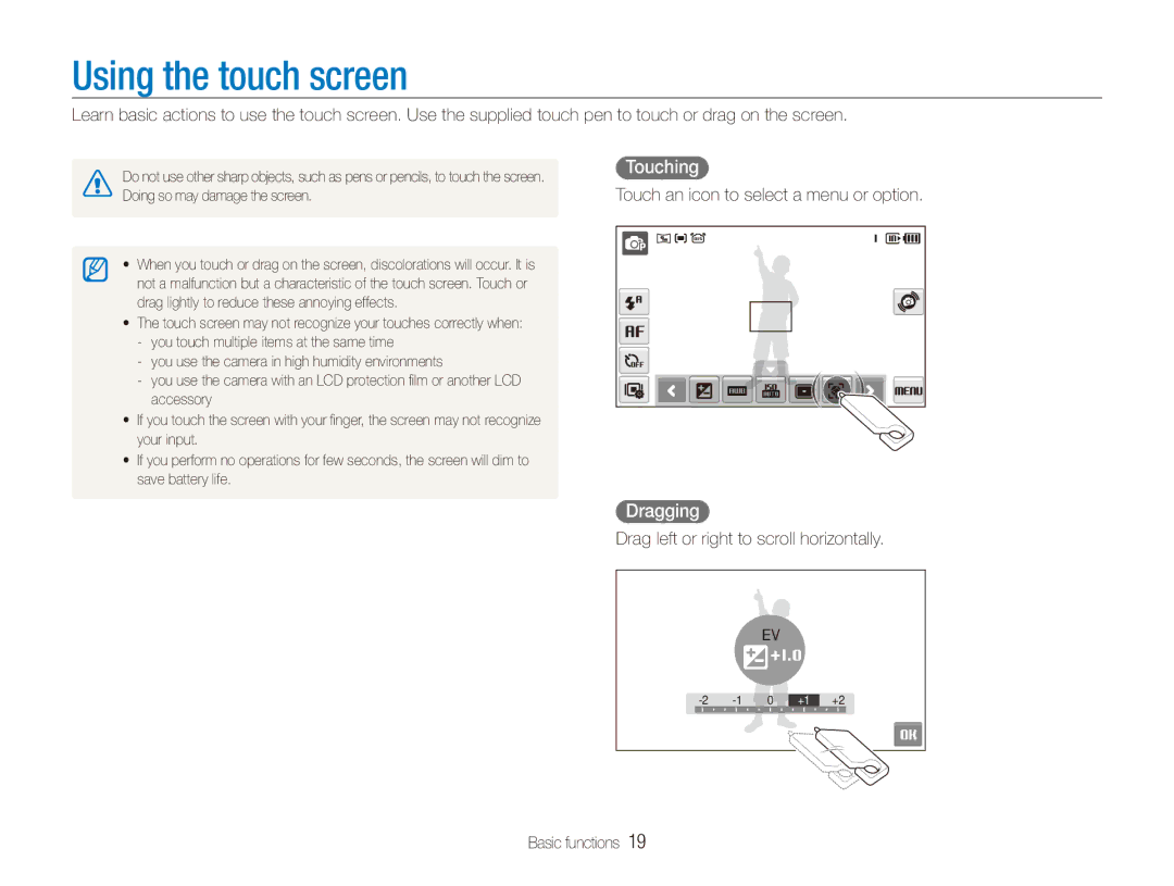 Samsung ECTL220ZBPUUS user manual Using the touch screen, Touching, Dragging, Touch an icon to select a menu or option 