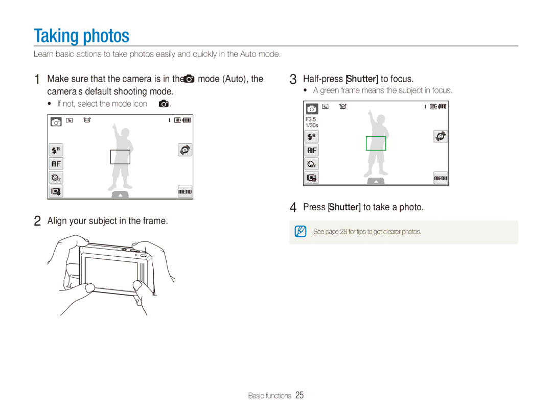 Samsung ECTL220ZBPUUS user manual Taking photos, Align your subject in the frame Half-press Shutter to focus 