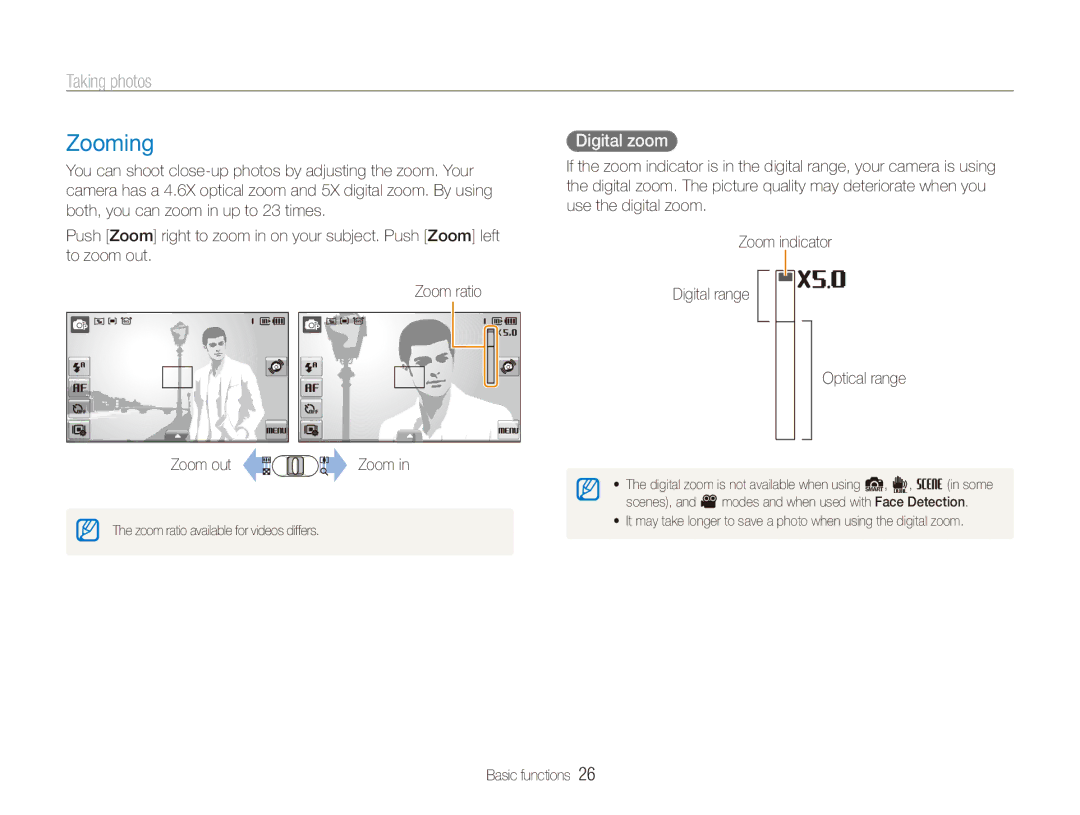 Samsung ECTL220ZBPUUS user manual Zooming, Taking photos, Digital zoom 