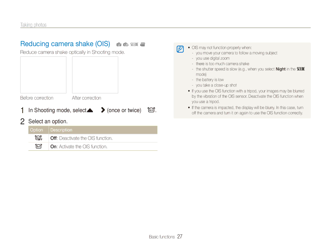 Samsung ECTL220ZBPUUS Reducing camera shake OIS a p s, Shooting mode, select f “ once or twice “ Select an option 