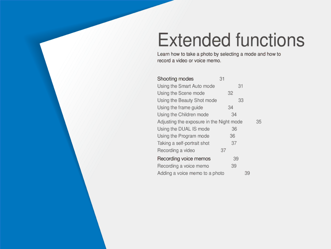 Samsung ECTL220ZBPUUS user manual Extended functions, Recording voice memos ………………………………… 