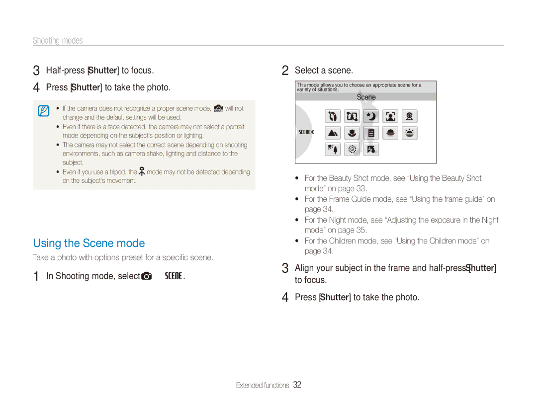 Samsung ECTL220ZBPUUS user manual Using the Scene mode, Shooting modes, Shooting mode, select a ““s Select a scene 