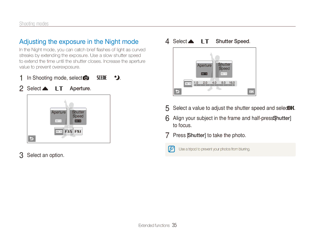 Samsung ECTL220ZBPUUS Adjusting the exposure in the Night mode, Shooting mode, select a “ s “ Select f “ ““Aperture 