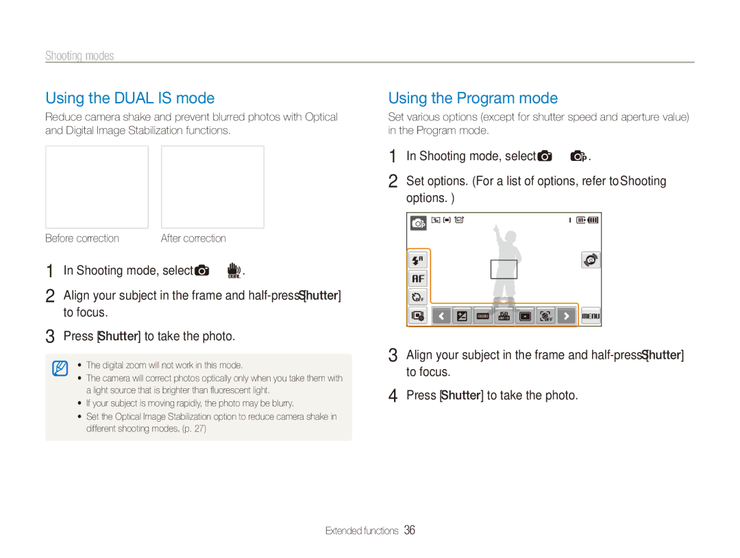 Samsung ECTL220ZBPUUS user manual Using the Dual is mode, Using the Program mode 