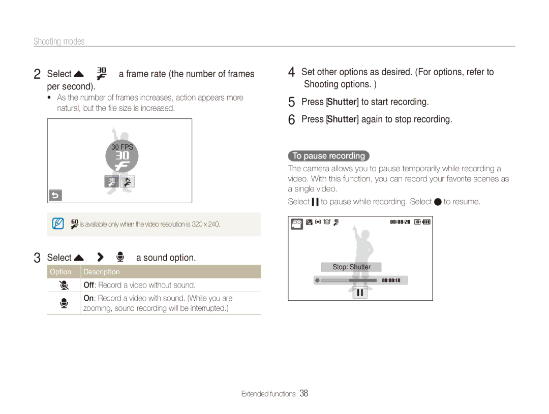 Samsung ECTL220ZBPUUS user manual Select f “ ““a frame rate the number of frames per second, Select f “ ““ ““a sound option 