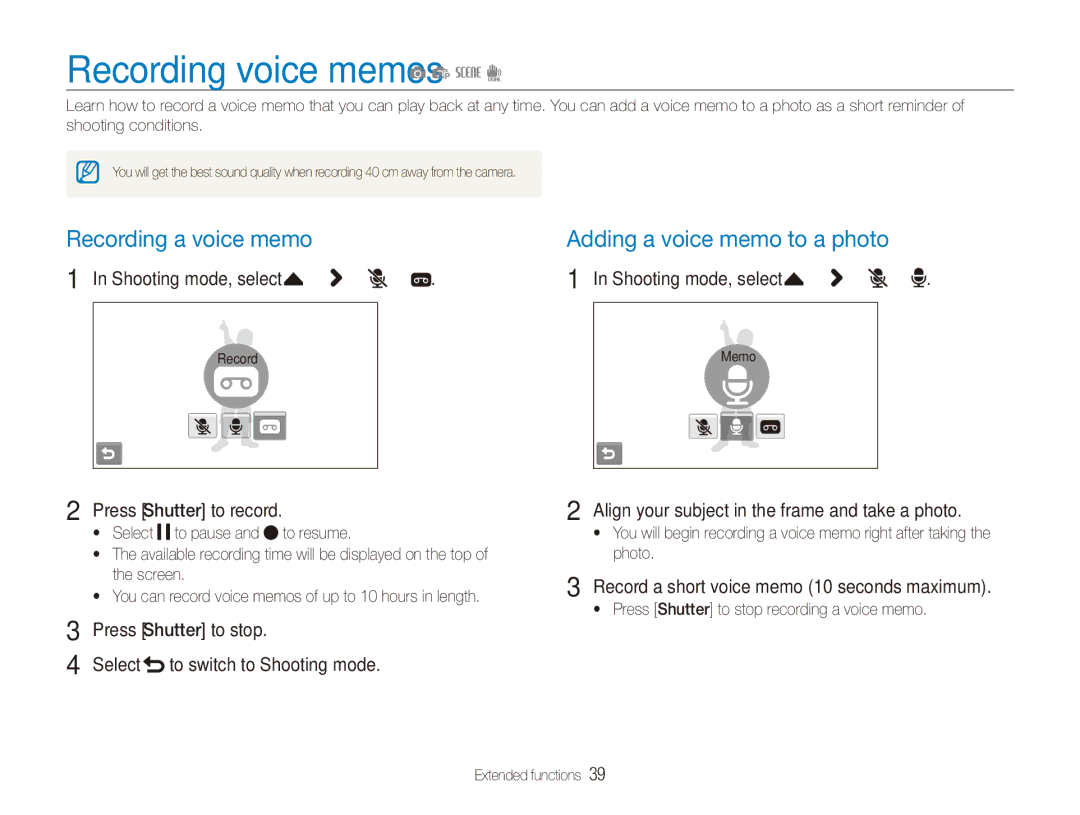 Samsung ECTL220ZBPUUS user manual Recording voice memos a p s d, Recording a voice memo Adding a voice memo to a photo 