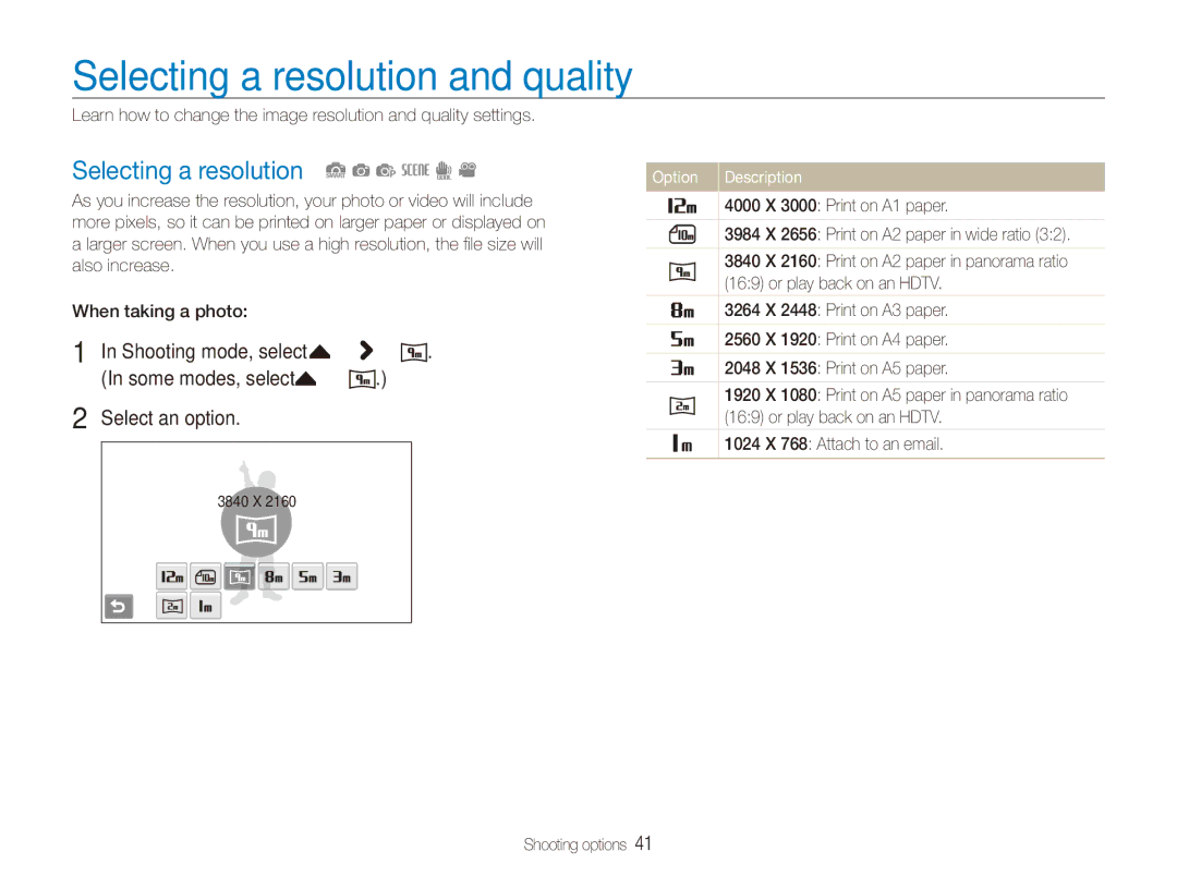 Samsung ECTL220ZBPUUS user manual Selecting a resolution and quality, Selecting a resolution S a p s d 