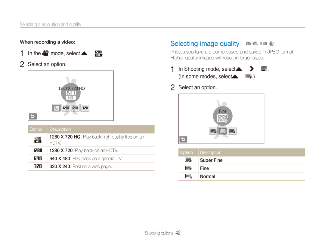 Samsung ECTL220ZBPUUS user manual Selecting image quality a p s d, Selecting a resolution and quality, Option 