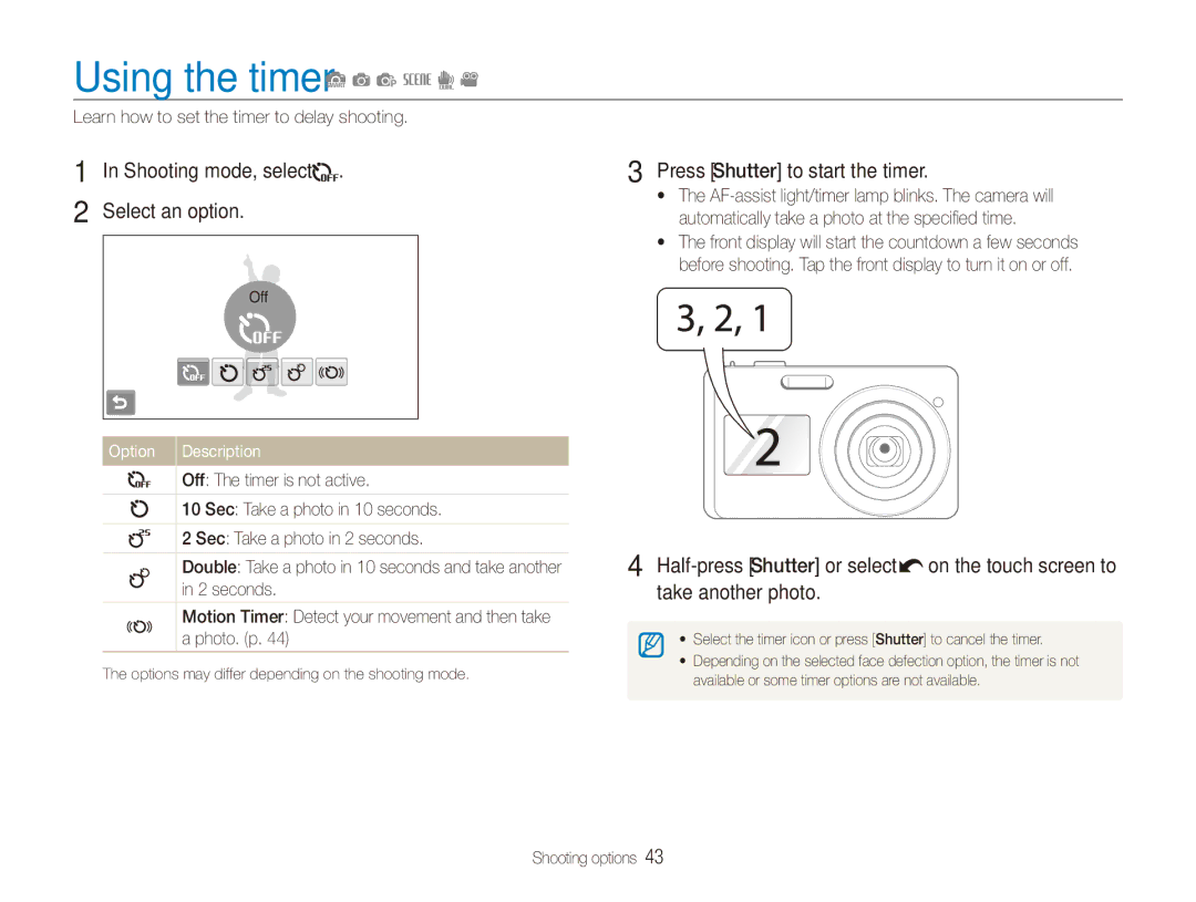 Samsung ECTL220ZBPUUS user manual Using the timer S a p s d, Press Shutter to start the timer, Half-press Shutter or select 