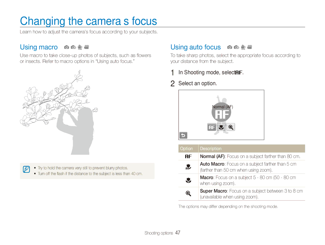 Samsung ECTL220ZBPUUS user manual Changing the camera’s focus, Using macro a p d, Using auto focus a p d 