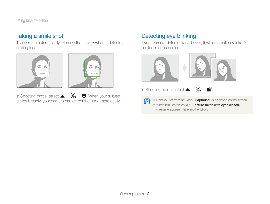 Samsung ECTL220ZBPUUS user manual Taking a smile shot, Detecting eye blinking, Using face detection 