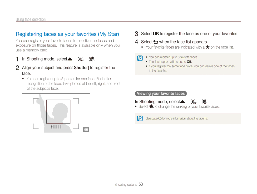 Samsung ECTL220ZBPUUS user manual Registering faces as your favorites My Star, Shooting mode, select f “, Face 