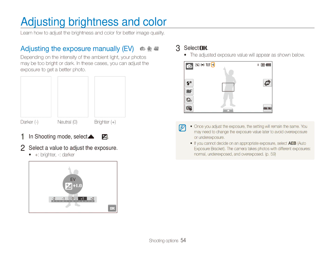 Samsung ECTL220ZBPUUS Adjusting brightness and color, Adjusting the exposure manually EV p d,  + brighter, darker 