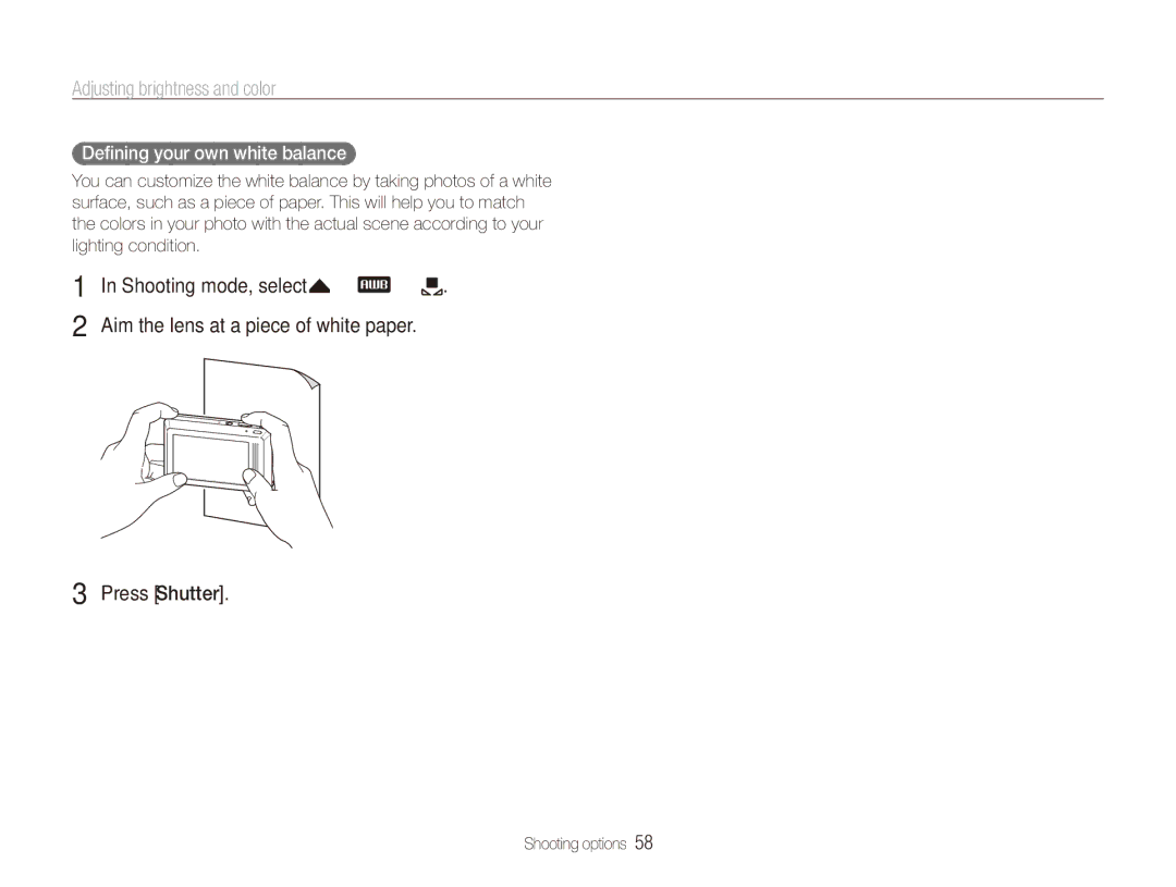 Samsung ECTL220ZBPUUS user manual Deﬁning your own white balance, Aim the lens at a piece of white paper 