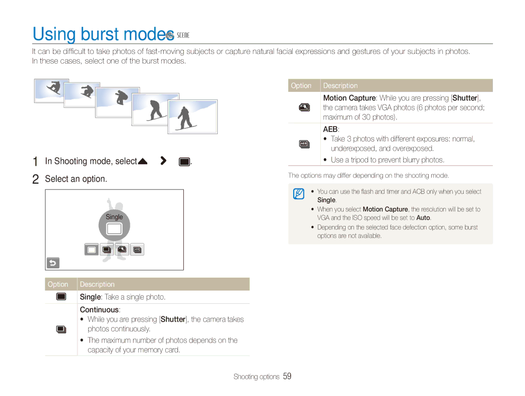 Samsung ECTL220ZBPUUS user manual Using burst modes p s, Shooting mode, select f “ “ Select an option 