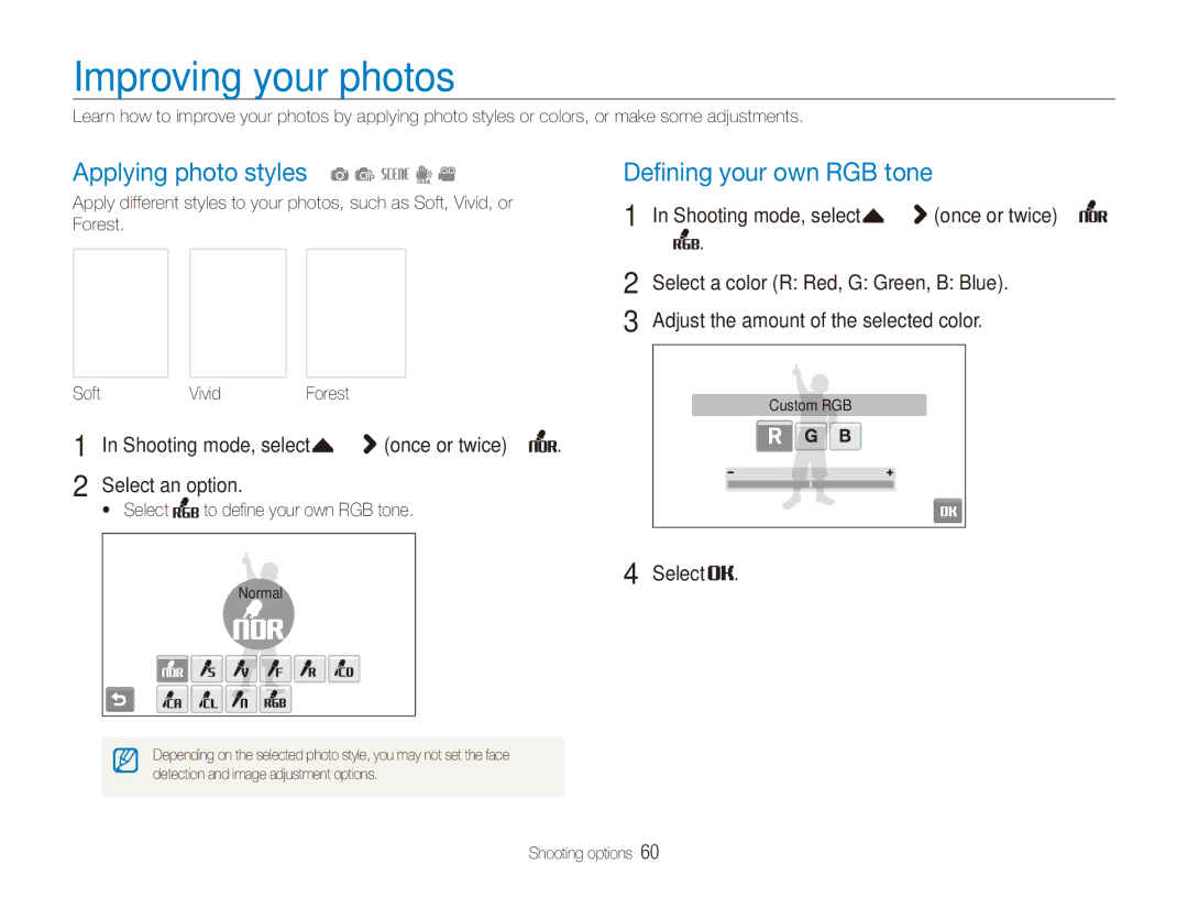 Samsung ECTL220ZBPUUS user manual Improving your photos, Applying photo styles a p s d, Deﬁning your own RGB tone 