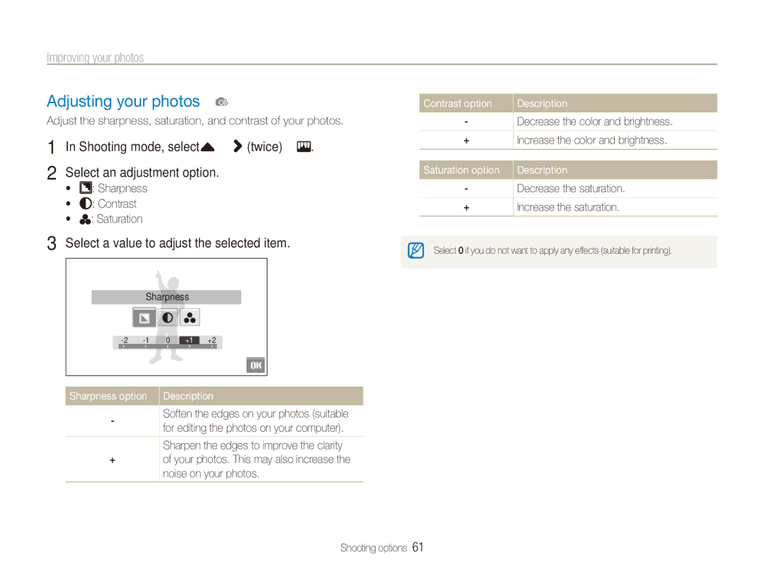 Samsung ECTL220ZBPUUS user manual Adjusting your photos p, Improving your photos, Select an adjustment option 