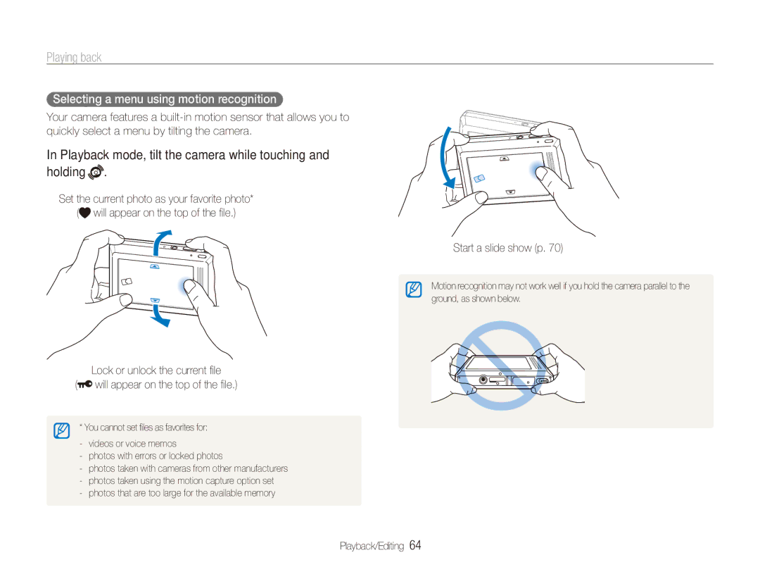 Samsung ECTL220ZBPUUS Playing back, Playback mode, tilt the camera while touching and holding, Start a slide show p 