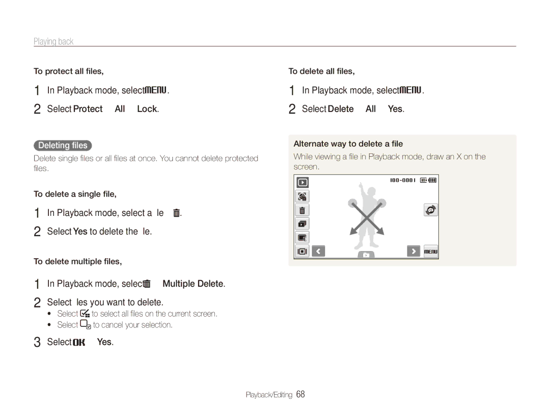 Samsung ECTL220ZBPUUS Playback mode, select M Select Protect ““All ““Lock, Playback mode, select a ﬁle “, Select “ Yes 