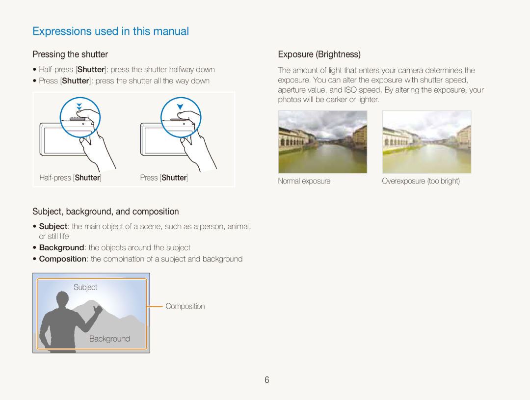 Samsung ECTL220ZBPUUS Expressions used in this manual, Pressing the shutter, Subject, background, and composition 