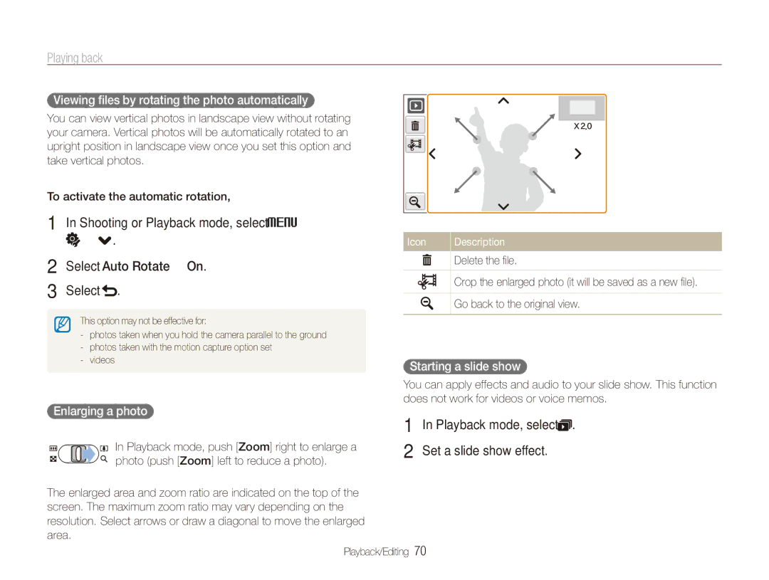 Samsung ECTL220ZBPUUS Viewing ﬁles by rotating the photo automatically, Enlarging a photo, Starting a slide show 