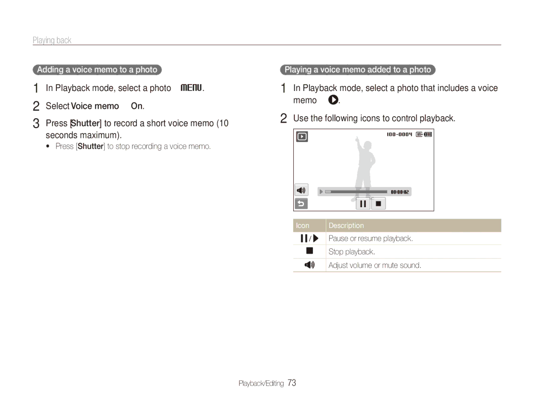 Samsung ECTL220ZBPUUS user manual Adding a voice memo to a photo, Playing a voice memo added to a photo 