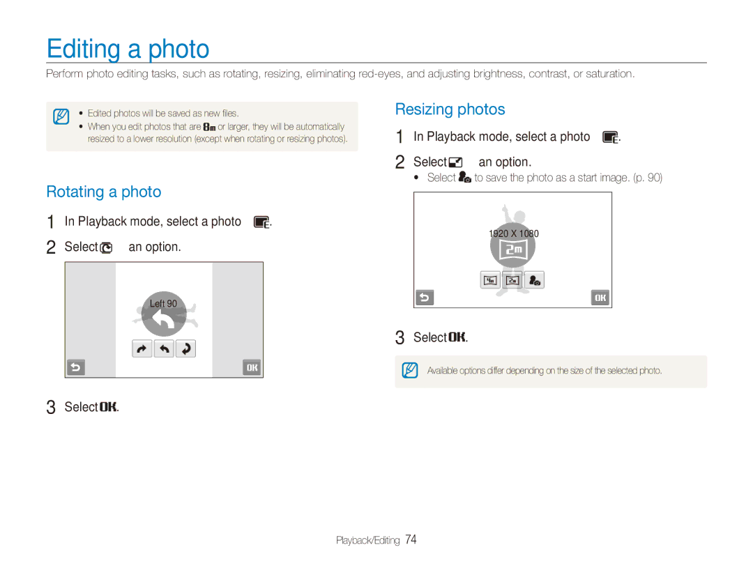 Samsung ECTL220ZBPUUS user manual Editing a photo, Rotating a photo, Resizing photos, Select ““an option 