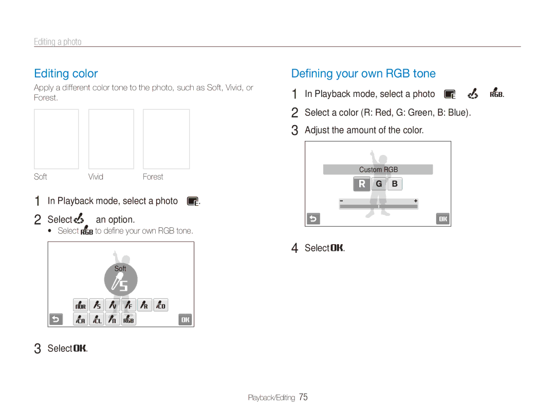 Samsung ECTL220ZBPUUS user manual Editing color, Editing a photo, Adjust the amount of the color 