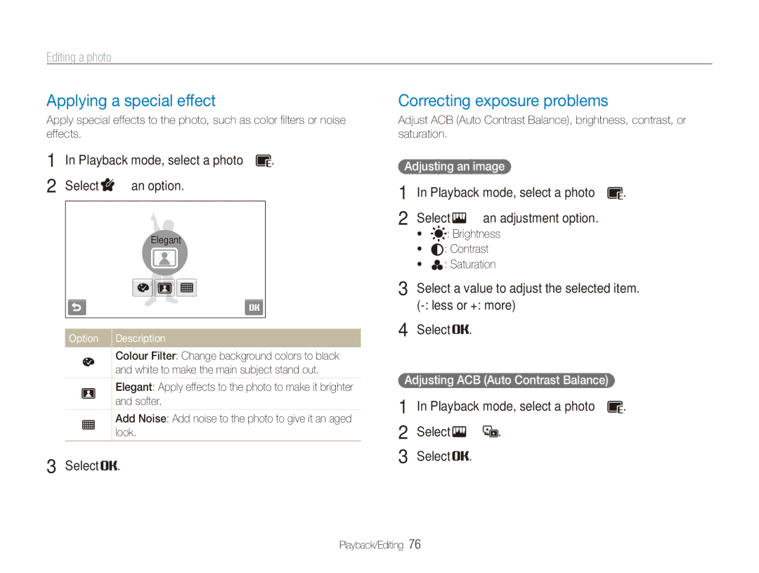 Samsung ECTL220ZBPUUS user manual Applying a special effect, Correcting exposure problems, Select “ an adjustment option 