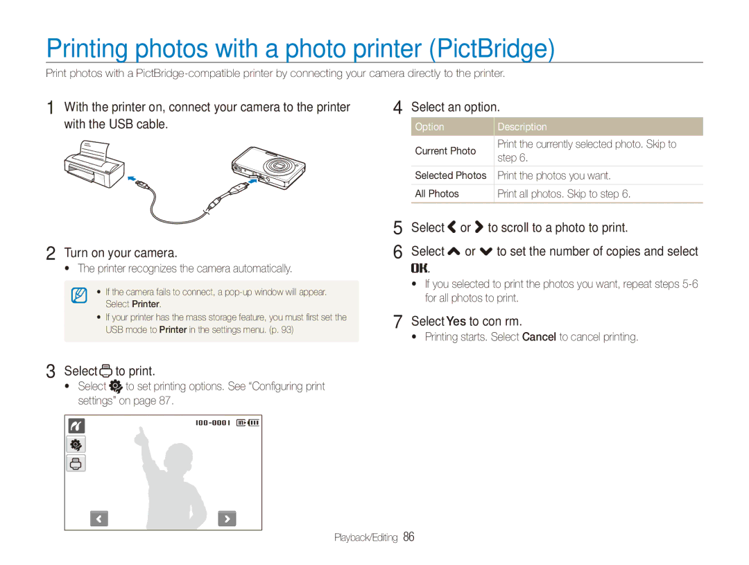 Samsung ECTL220ZBPUUS user manual Printing photos with a photo printer PictBridge, Select To print, Select Yes to conﬁrm 