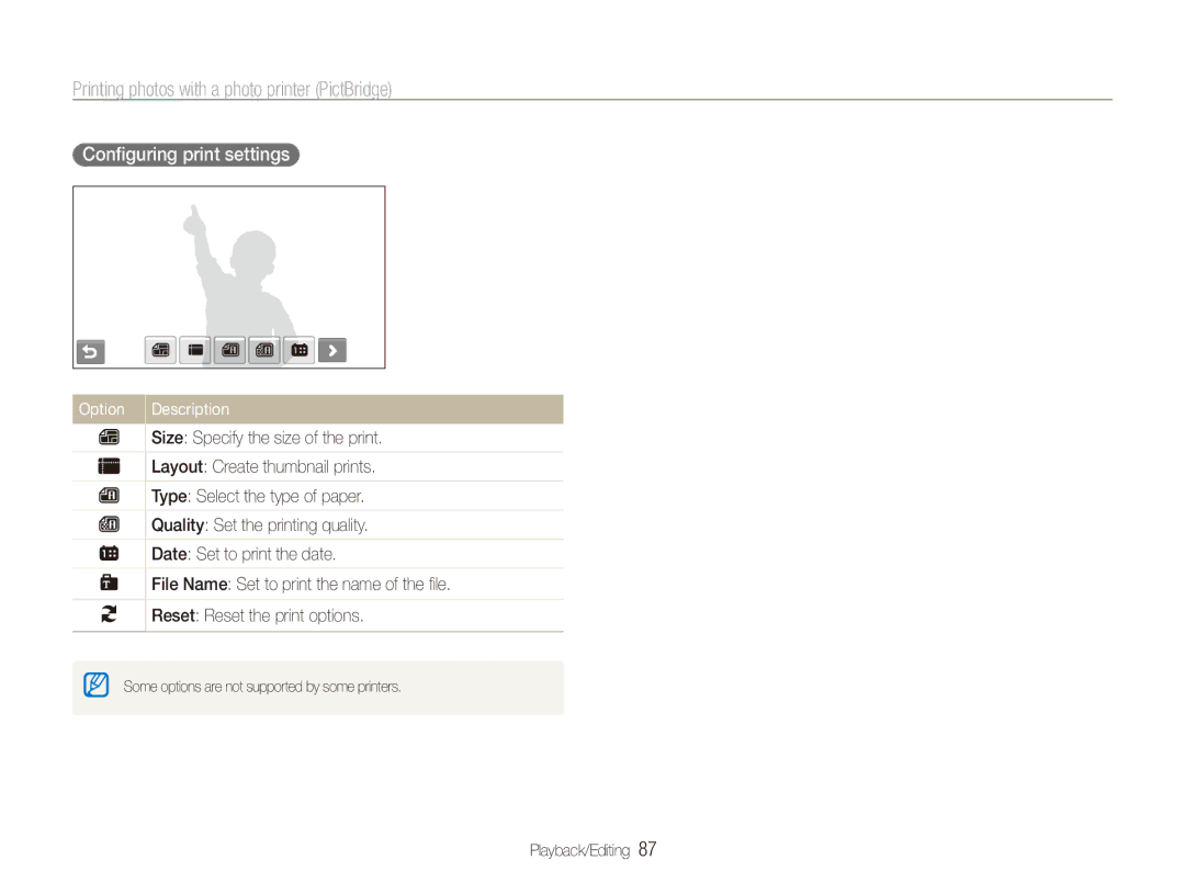 Samsung ECTL220ZBPUUS user manual Printing photos with a photo printer PictBridge, Conﬁguring print settings 