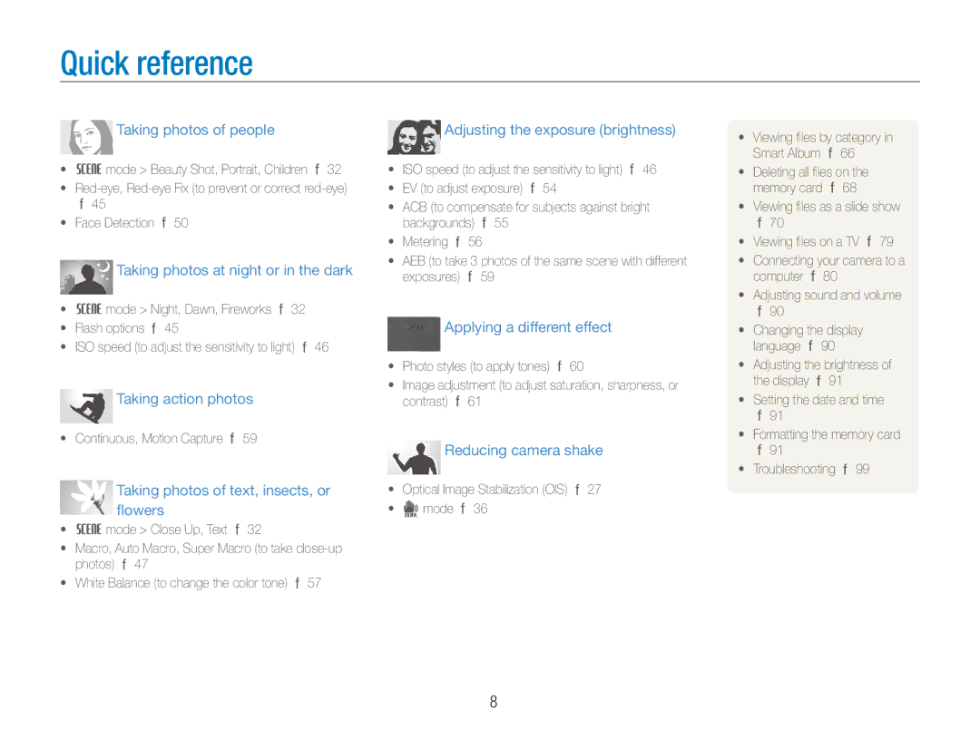 Samsung ECTL220ZBPUUS user manual Quick reference, Taking photos of people 