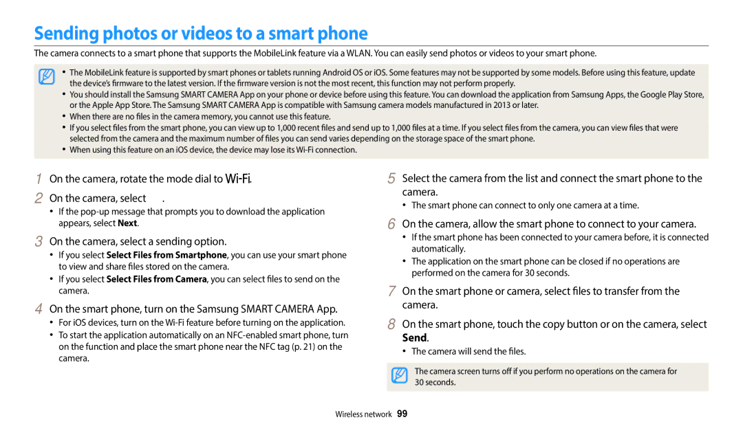 Samsung ECWB1100BPBUS, ECWB1100BPRUS Sending photos or videos to a smart phone, On the camera, select a sending option 