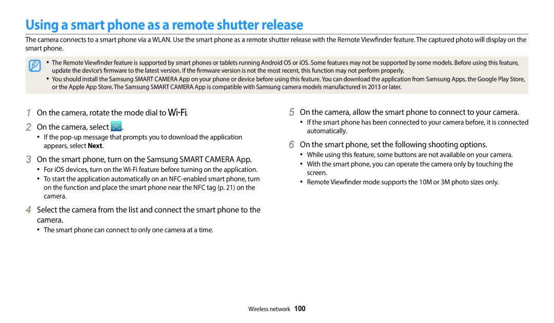 Samsung ECWB1100BPRUS, ECWB1100BPBUS, EC-WB1100BPBUS, EC-WB1100BPRUS Using a smart phone as a remote shutter release 