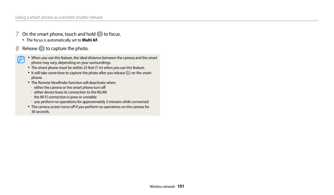 Samsung EC-WB1100BPBUS user manual Release to capture the photo, Using a smart phone as a remote shutter release, To focus 