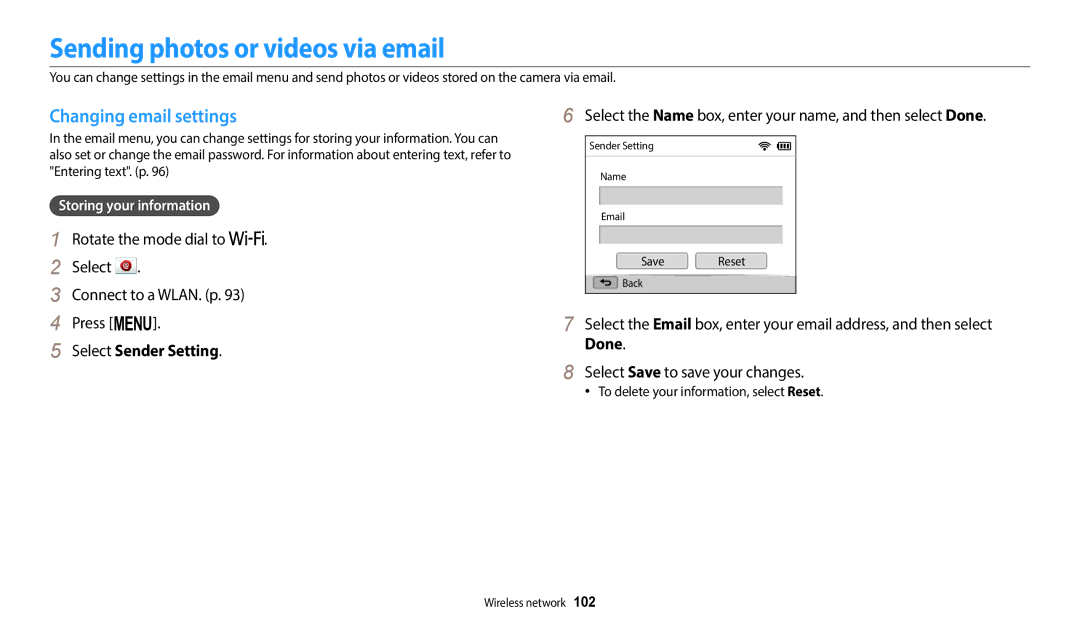 Samsung EC-WB1100BPRUS, ECWB1100BPBUS Sending photos or videos via email, Changing email settings, Select Sender Setting 