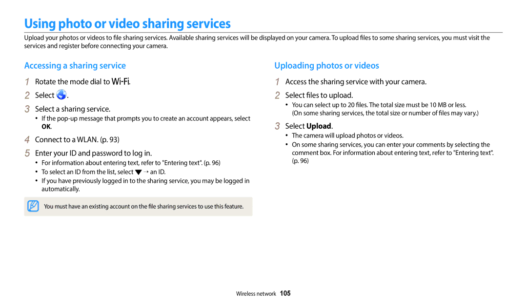 Samsung EC-WB1100BPBUS Using photo or video sharing services, Accessing a sharing service, Uploading photos or videos 