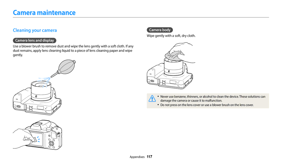 Samsung EC-WB1100BPBUS, ECWB1100BPBUS Camera maintenance, Cleaning your camera, Camera lens and display, Camera body 