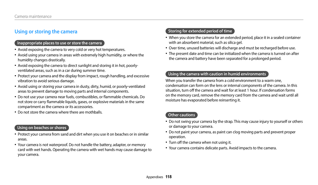 Samsung EC-WB1100BPRUS, ECWB1100BPBUS, ECWB1100BPRUS, EC-WB1100BPBUS user manual Using or storing the camera 