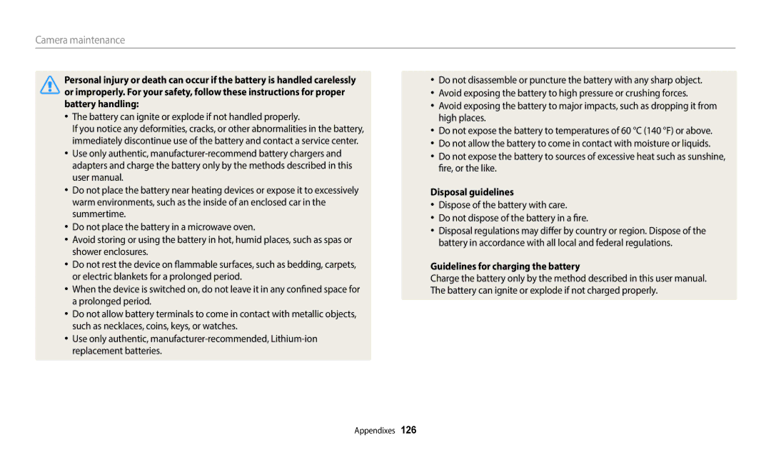 Samsung EC-WB1100BPRUS, ECWB1100BPBUS user manual Battery can ignite or explode if not handled properly, Disposal guidelines 