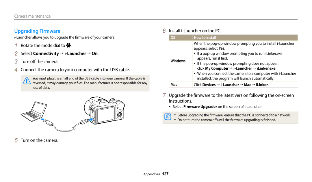 Samsung ECWB1100BPBUS, ECWB1100BPRUS, EC-WB1100BPBUS user manual Upgrading Firmware, Select Connectivity → i-Launcher → On 