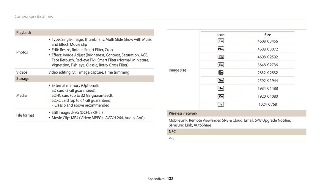 Samsung EC-WB1100BPBUS, ECWB1100BPBUS, ECWB1100BPRUS, EC-WB1100BPRUS user manual Storage, Icon Size, Wireless network 