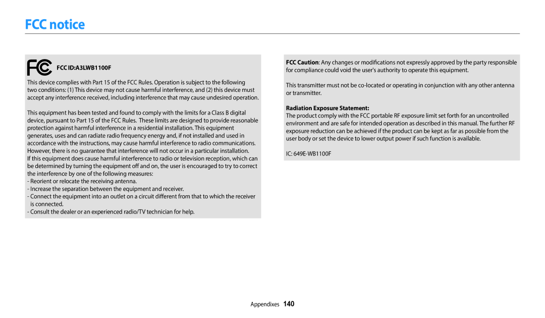 Samsung ECWB1100BPRUS, ECWB1100BPBUS, EC-WB1100BPBUS, EC-WB1100BPRUS user manual FCC notice, FCC IDA3LWB1100F 