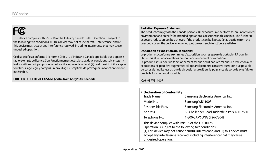 Samsung EC-WB1100BPBUS, ECWB1100BPBUS, ECWB1100BPRUS, EC-WB1100BPRUS user manual FCC notice, Telephone No Samsung 