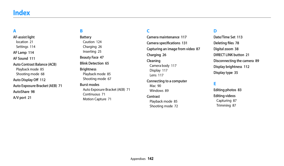 Samsung EC-WB1100BPRUS, ECWB1100BPBUS, ECWB1100BPRUS, EC-WB1100BPBUS user manual Index 