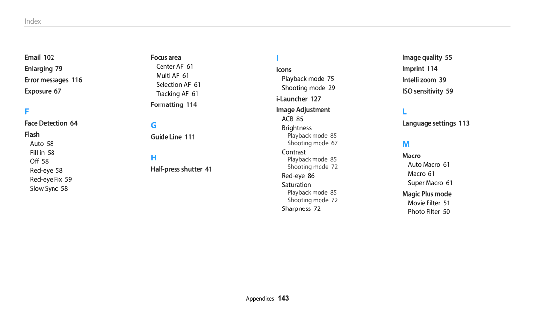 Samsung ECWB1100BPBUS, ECWB1100BPRUS, EC-WB1100BPBUS, EC-WB1100BPRUS user manual Index 