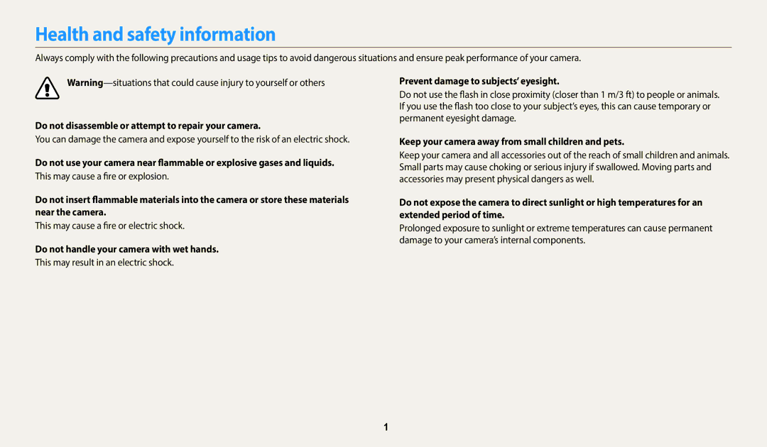 Samsung EC-WB1100BPBUS, ECWB1100BPBUS Health and safety information, Do not disassemble or attempt to repair your camera 