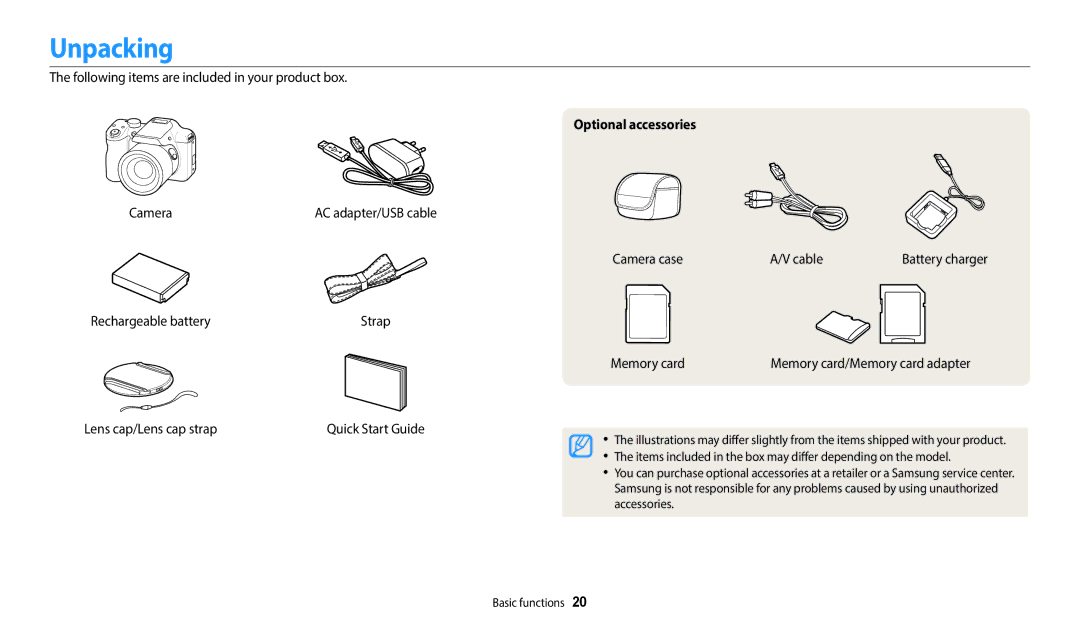 Samsung ECWB1100BPRUS, ECWB1100BPBUS, EC-WB1100BPBUS, EC-WB1100BPRUS user manual Unpacking, Optional accessories 