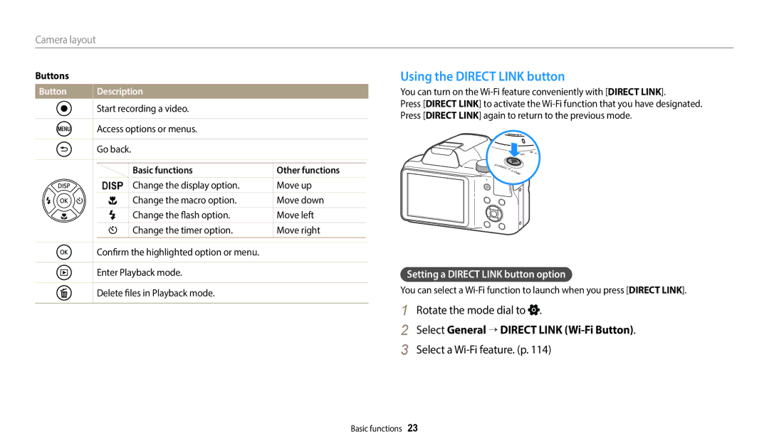 Samsung ECWB1100BPBUS Using the Direct Link button, Rotate the mode dial to, Select General → Direct Link Wi-Fi Button 